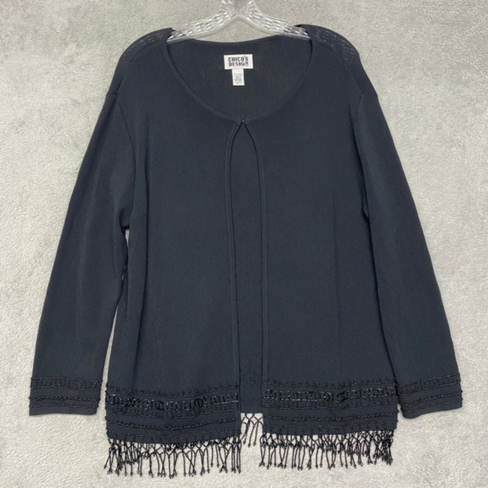 Chicos Cardigan Womens Large Black Beaded Fringe Open Front Black‎ Knit Jacket 2